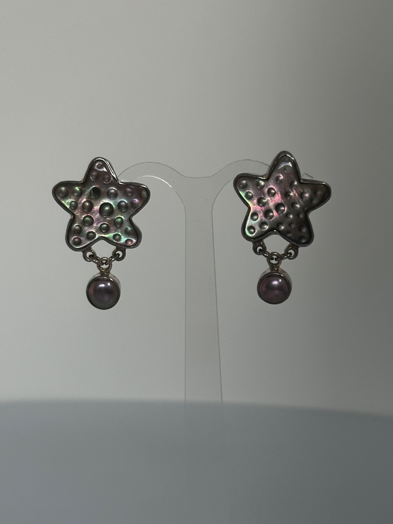 Iridescent Starfish Pearl Drop Earrings - Black Pearl Accent